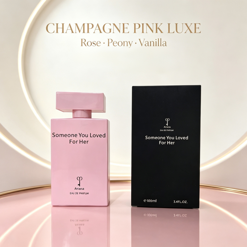 Ariana Someone You Loved For Her Eau De Parfum 100ml, Glossy pink square bottle with matching flat cap, matte black mini