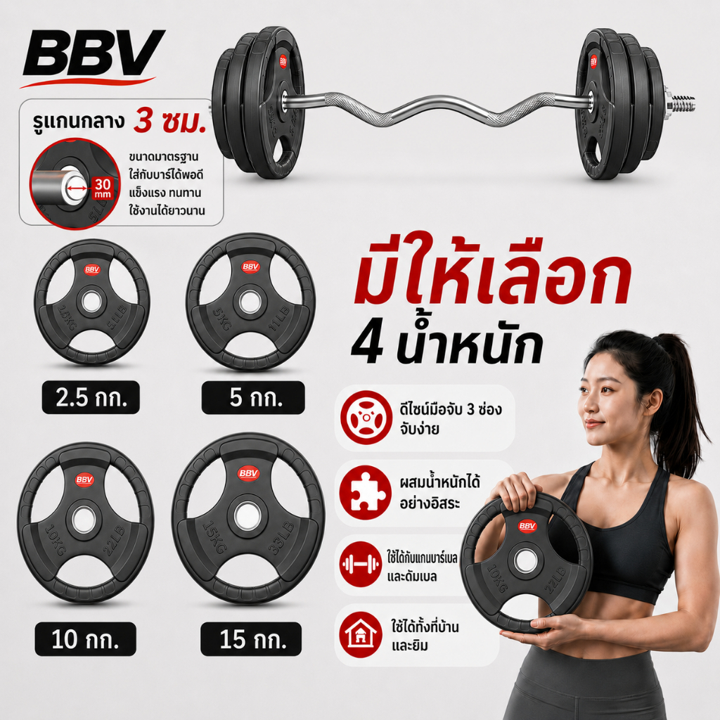 BBV แผ่นน้ำหนักยางหุ้ม แผ่นบาร์เบลเหล็กหล่อ มือจับ 3 จุด รูแกน 30 มม. มี 2.5/5/10/15 กก.