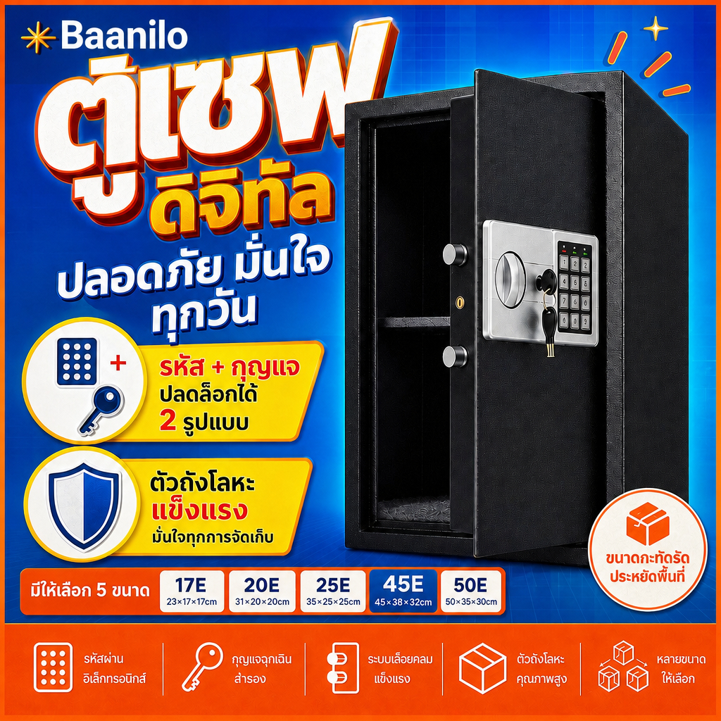 ตู้เซฟ ตู้เซฟดิจิตอล Safe Box ตู้เซฟเก็บเงิน ใส่รหัส+กุญแจสำรอง ตู้เซฟนิรภัย เหล็กแข็งแรง 5 ขนาด 17E-50E