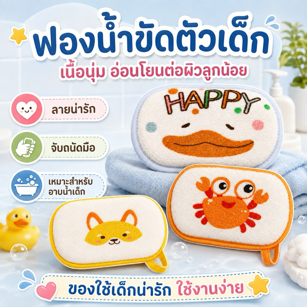 ฟองน้ำอาบน้ำเด็กน่ารัก นุ่มไม่ระคายผิวเด็กแรกเกิด