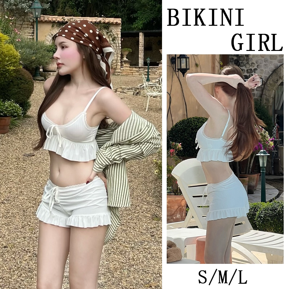 ชายหาด ชุด 2 ชิ้น เสื้อกล้าม + กางเกงขาสั้นชายหาด ขอบระบาย โบว์ - ทันสมัย ins