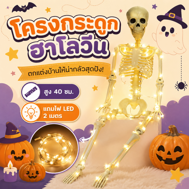 โครงกระดูกฮาโลวีน พร้อมไฟ LED 2 เมตร สูง 40 ซม. ของตกแต่งฮาโลวีนแบบแขวน ขยับแขนขาได้ ใช้แต่งบ้าน ปาร์ตี้