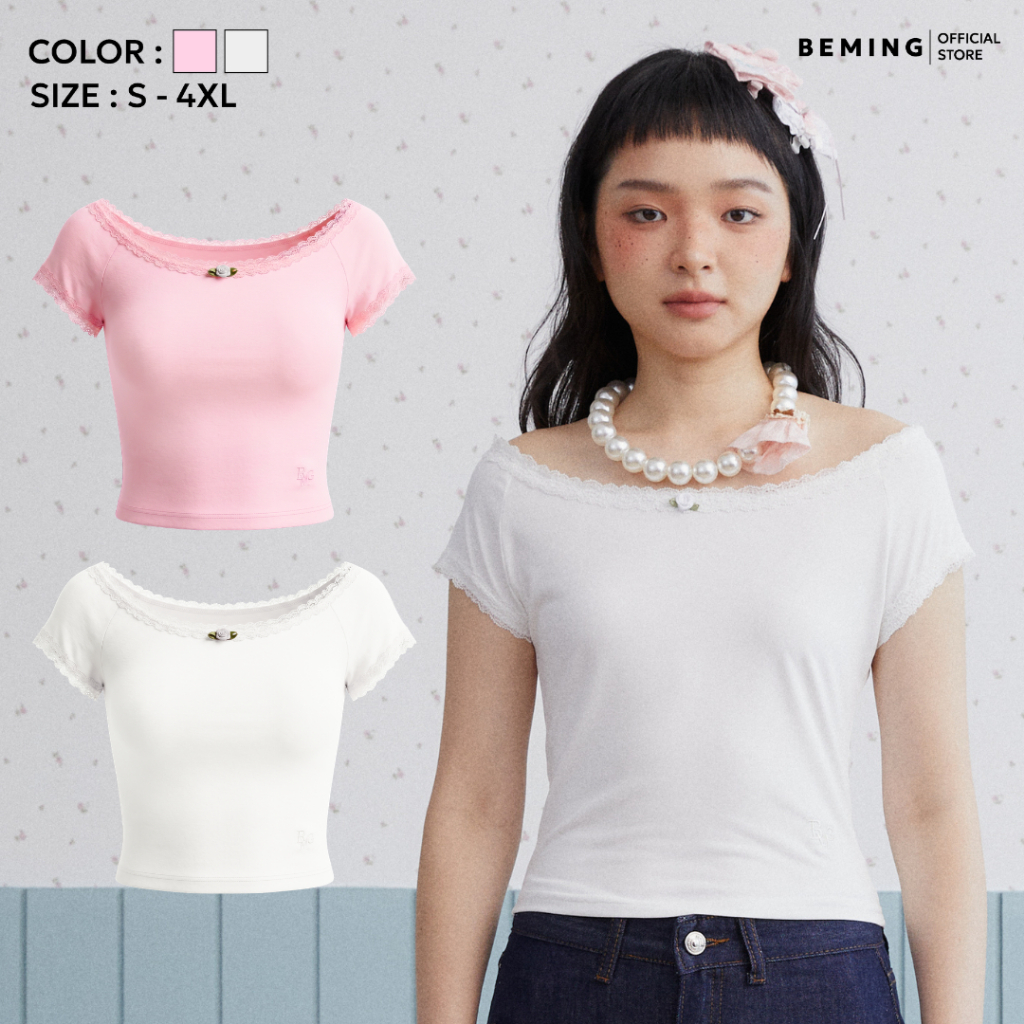 Bemingtop1263(S-4XL) - Trim Tee – เสื้อปาดไหล่แขนสั้นดีเทลแต่งลูกไม้และดอกกุหลาบที่อก รูปที่ 1