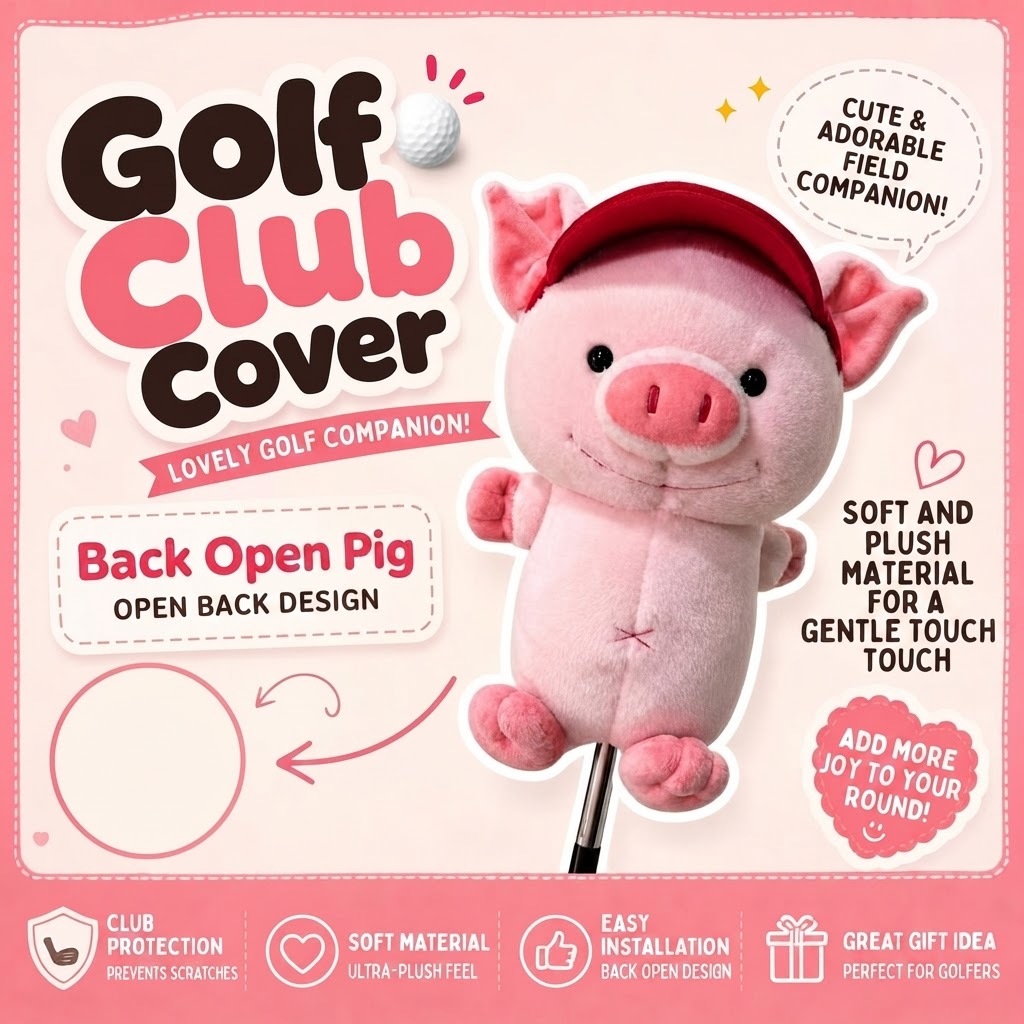 [WICO&GOLF]Back Open Premium Happy Pig Golf Headcover Fits Standard 460cc Driver/ Funny Golf Club Cover