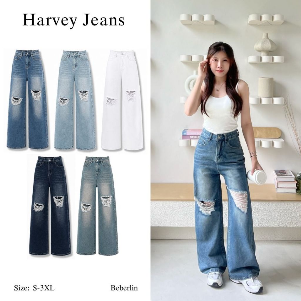 Beberlin กางเกงยีนส์ขากระบอกใหญ่ ดีเทลแต่งขาด รุ่น Harvey jeans / No : 1005