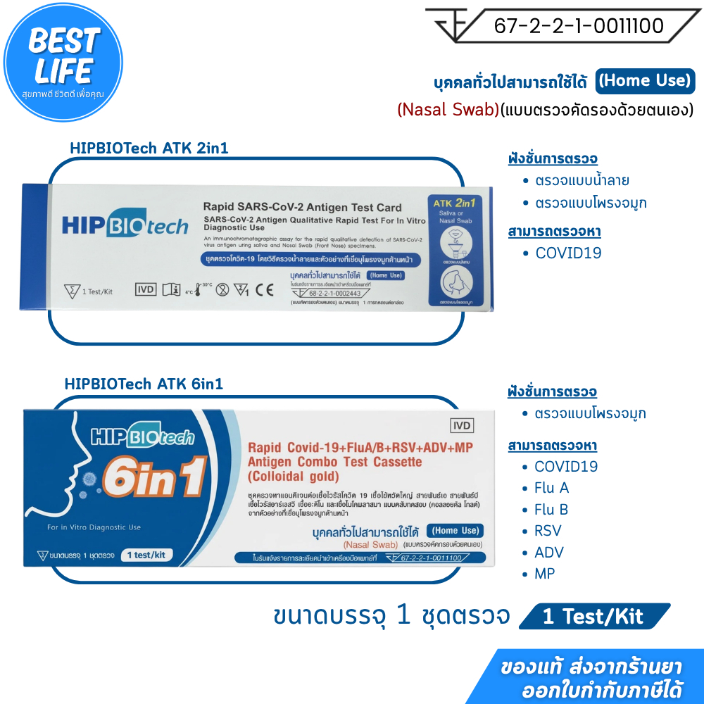 HIP BIO Tech ชุดตรวจโควิด 2in1 และ ชุดตรวจไข้หวัดใหญ่ Flu A B 6in1