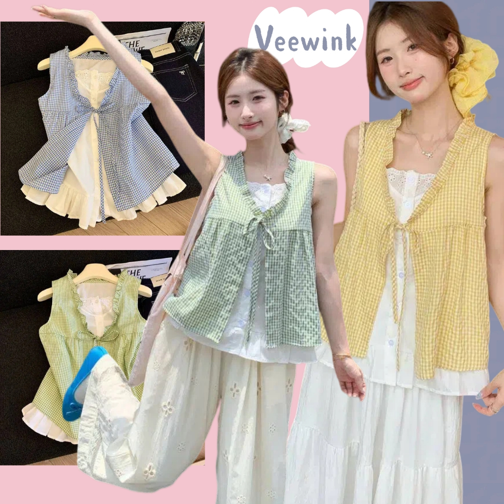 Veewink พร้อมส่งจากกทม วันแม่ เสื้อสีน้ำเงิน ลายตารางสองชั้น แขนจีบโบว์ ใส่สบาย ทรงหลวม