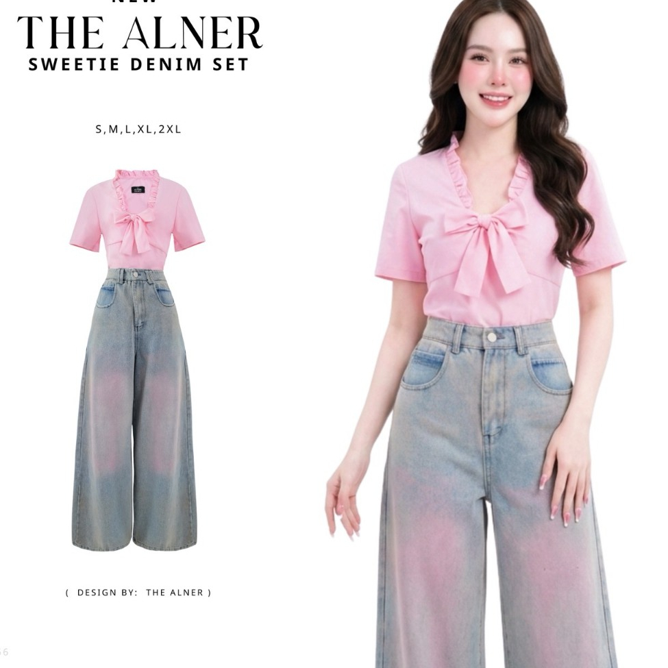 Sweetie Denim set ชุดเซตเสื้อชมพูแต่งโบว์ กางเกงยีนส์แต่งเฟด Thealner(ดิอัลเนอร์)AN256