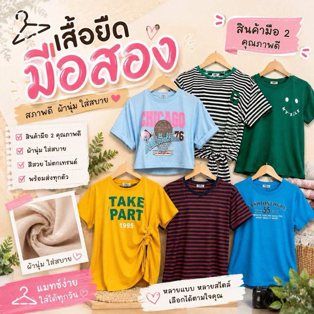 เสื้อยืดมือสอง เสื้อยืดแฟชั่นผู้หญิง เสื้อยืด น่ารักๆ พร้อมส่ง