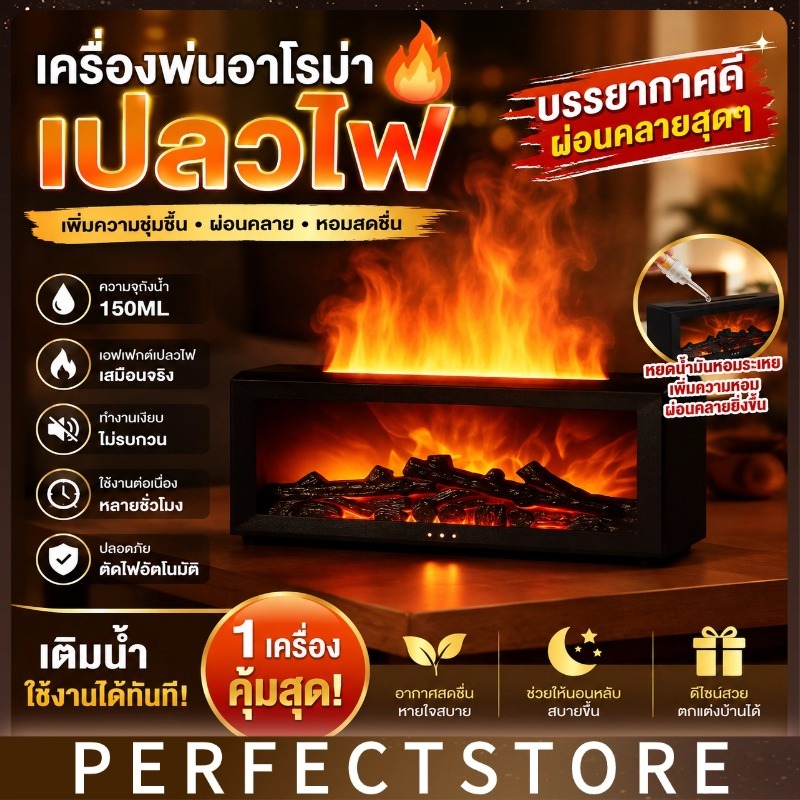 เครื่องพ่นน้ำหอมลายเตาผิง 3IN1 มีไฟเปลวไฟLED รีโมทควบคุม เครื่องทำความชื้น เครื่องกระจายกลิ่นหอม ตกแต่งบ้าน