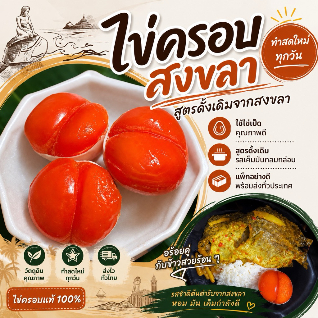 ไข่ครอบสงขลา สูตรดั้งเดิม ทำสดใหม่ทุกวัน ไข่แดงเยิ้ม พร้อมส่ง ของฝากภาคใต้