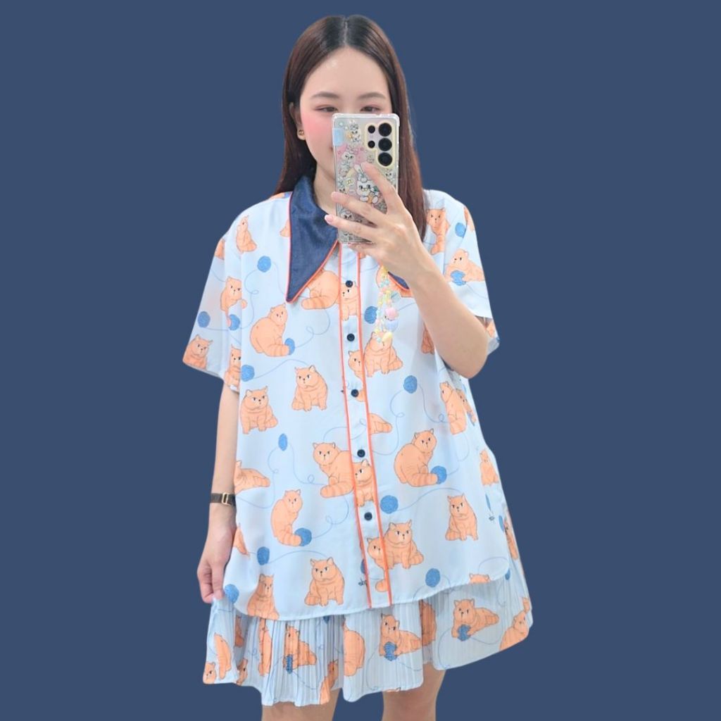 Longdopaws : Bubble set (ลายใหม่) ชุดเซ็ตเสื้อเชิ้ต+กระโปรงอัดพลีทซับในเป็นกางเกงอัดพลีท