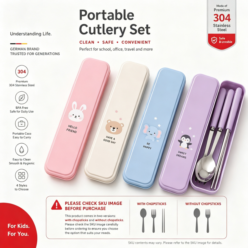 Set Alat Makan 3in1 Sendok Garpu Sumpit Stainless Steel Motif Kartun Lucu, Dilengkapi Kotak Penyimpanan Portabel, Cocok