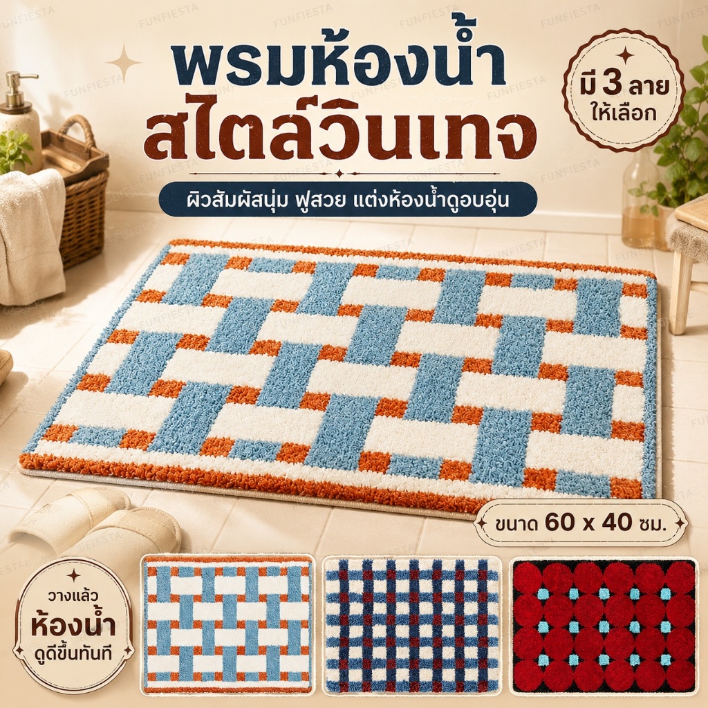 พร้อมส่ง🛁 พรมเช็ดเท้า 40x60 ซม. ขนนุ่ม ซับน้ำดี กันลื่น พรมปูพื้น ห้องน้ำ ห้องนอน