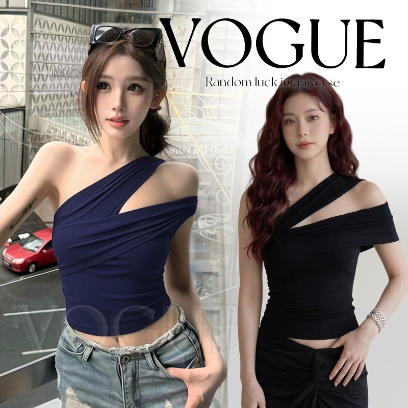 Vogue🌟พร้อมส่ง🌟 เสื้อท็อปไหล่เดียวดีไซน์ร่องผ่า ผ้าทรงบิดริ้ว เข้ารูปกระชับสัดส่วน สไตล์สาวแซ่บเซ็กซี่ (FY5236#1)