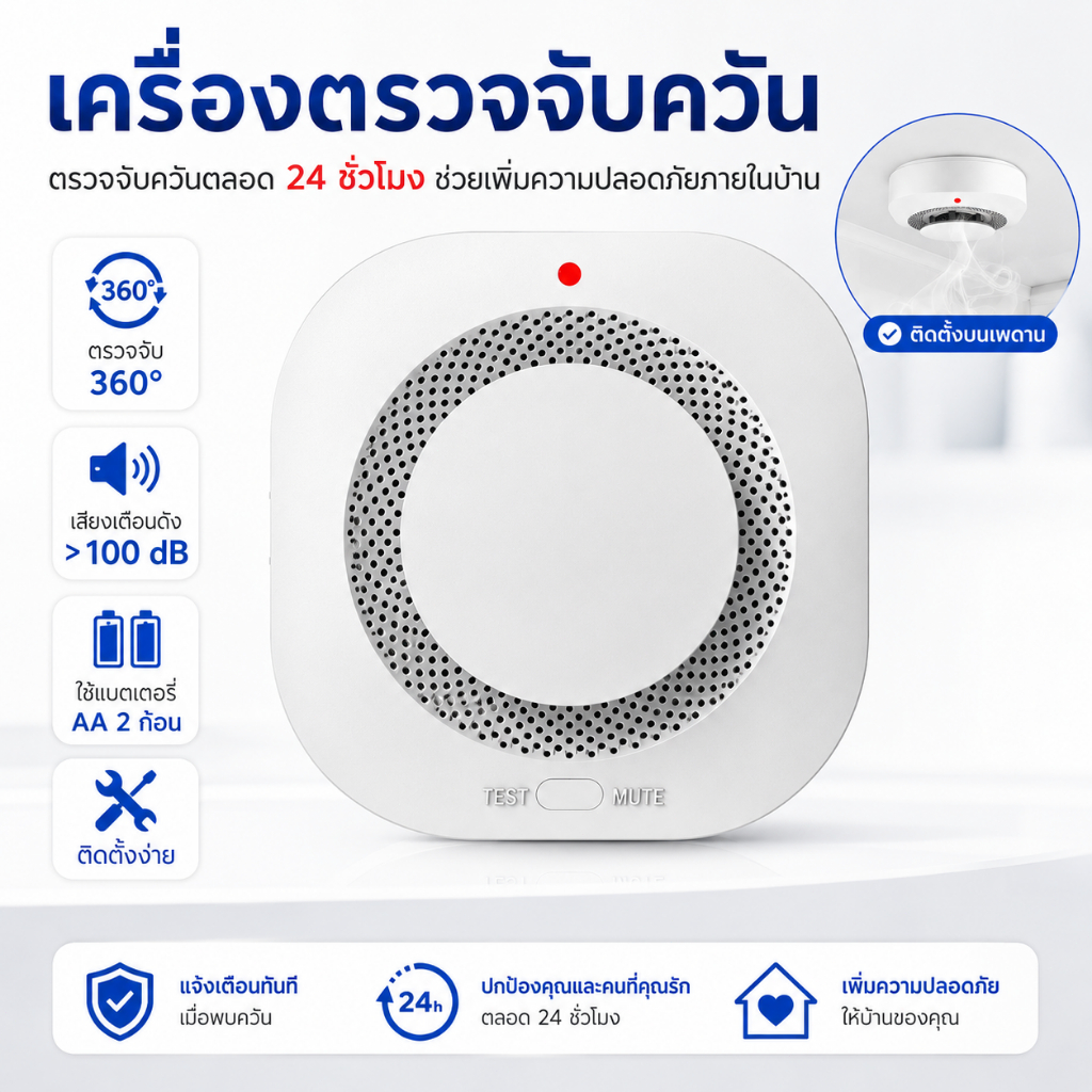 เครื่องตรวจจับควัน เซ็นเซอร์แจ้งเตือนไฟไหม้ เสียงดัง 100dB ใช้แบตเตอรี่ AA ติดตั้งง่าย