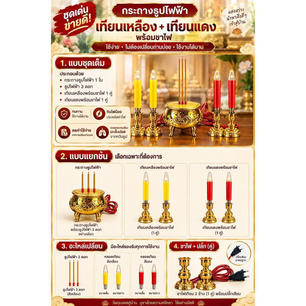 กระถางธูปไฟฟ้า 3 ดอก พร้อมเทียนไฟฟ้า หลอดสีแดง/หลอดสีเหลือง ชุดธูปและเทียนไฟฟ้า สำหรับหิ้งพระ โต๊ะหมู่บูชา