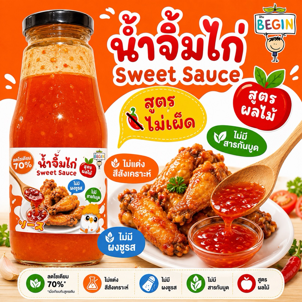 Begin น้ำจิ้มไก่สูตรผักผลไม้ ลดโซเดียม 35% หวานผลไม้ธรรมชาติ ไม่ใส่ผงชูรส ปลอดสาร ซอสคลีน ไม่มีสารกันบูด ซอสเด็กแพ้อาหาร