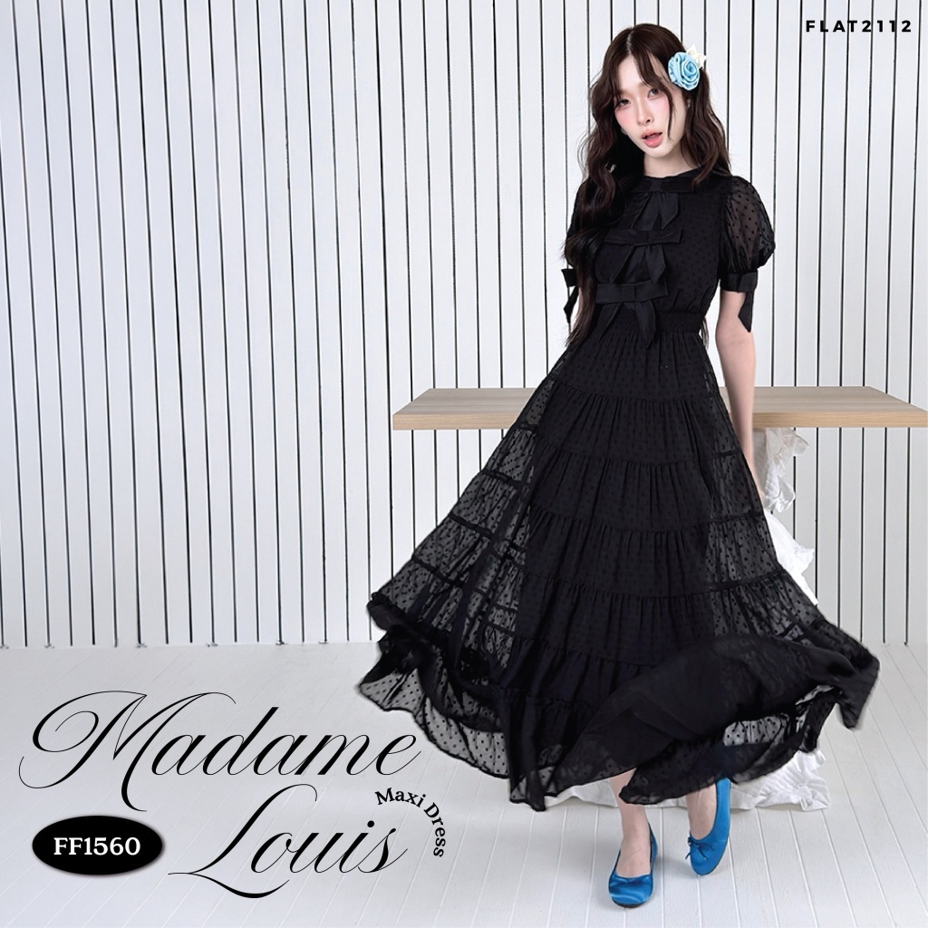 FLAT2112 : MADAME LOUIS MAXI DRESS เดรสยาวสีดำ เดรสแขนพอง เดรสแต่งโบว์ เดรสระบาย เดรสลูกไม้ เดรสวินเทจ (FF1560)