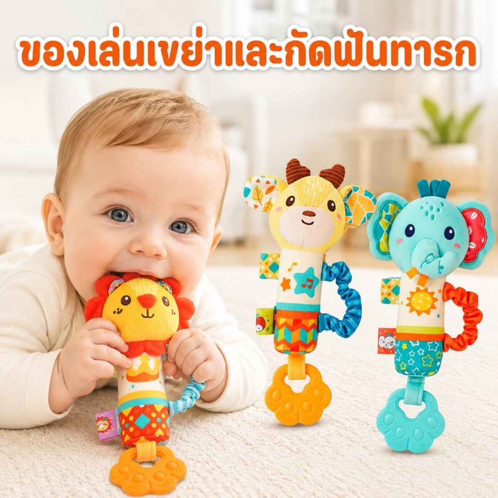 เขย่ามือเด็กรูปสัตว์ มียางกัดในตัว กดแล้วมีเสียง ของเล่นเสริมพัฒนาการ เด็กอ่อน 0-3ปี ปลอดภัย BPA-Free