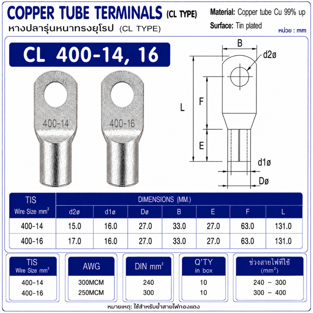 หางปลาทองแดง CL400-14 CL400-16 หางปลารูวงแหวน 400mm² Copper Tube Terminal ชุบดีบุก