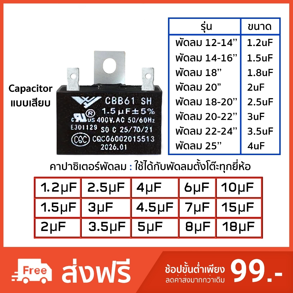 คาปาซิเตอร์ พัดลม Capacitor CBB61 คาปา ตัวเก็บประจุ ตัว C คาปาซิสเตอร์ แคป cap พัดลม Hatari ฮาตาริ