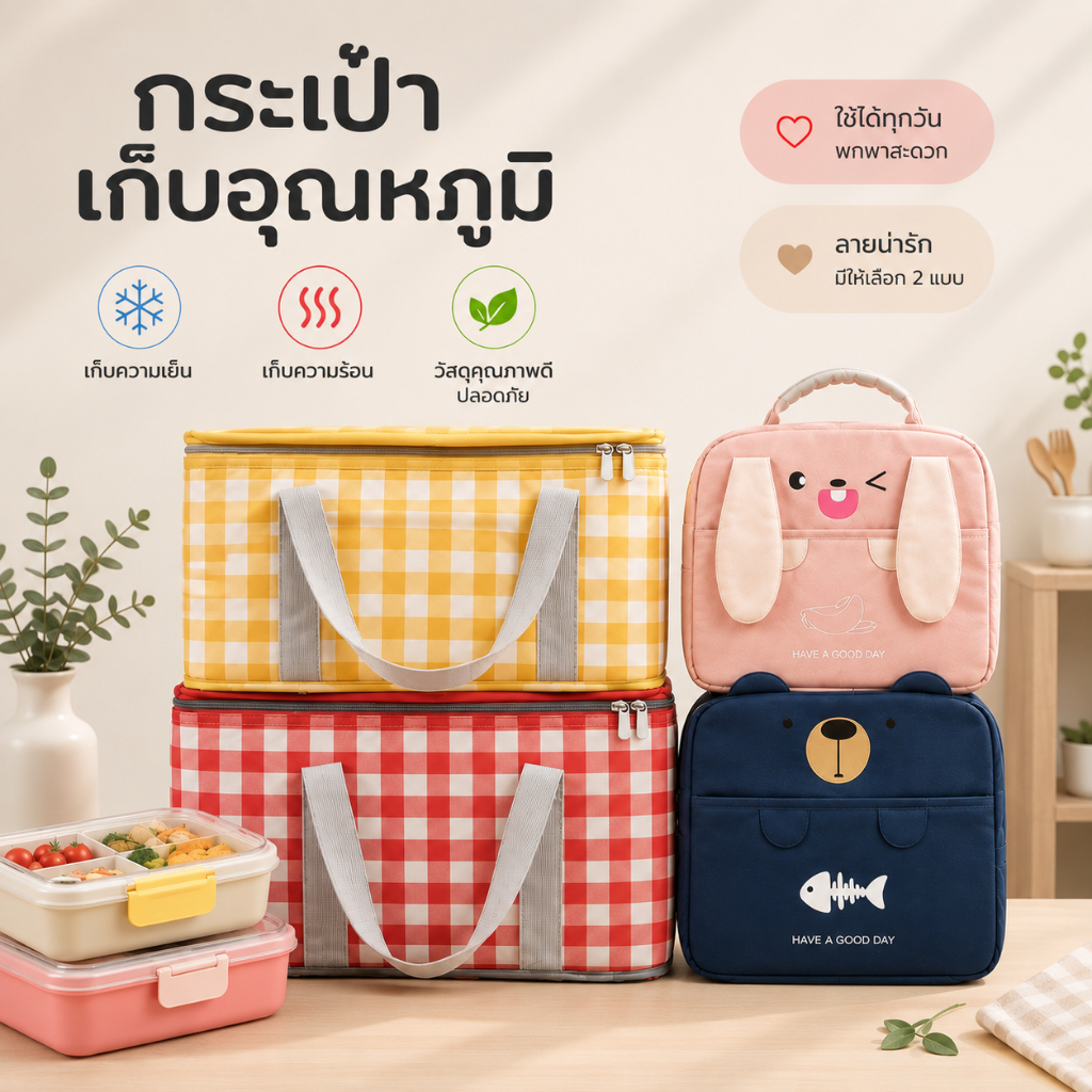 กระเป๋าเก็บอุณภูมิ ลายการ์ตูน ปิกนิก พับเก็บได้ ตาราง ร้อน เย็น บุฟอยล์ ใส่อาหาร