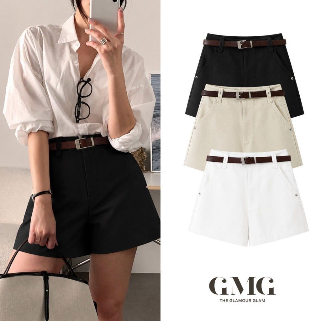 กางเกงขาสั้นเอวสูง พร้อมเข็มขัดหนังสีน้ำตาล ผ้าTwill ขอบเอวเรียบ  มีกระเป๋าล้วงข้าง(Harper Shorts White/Black/Creme)