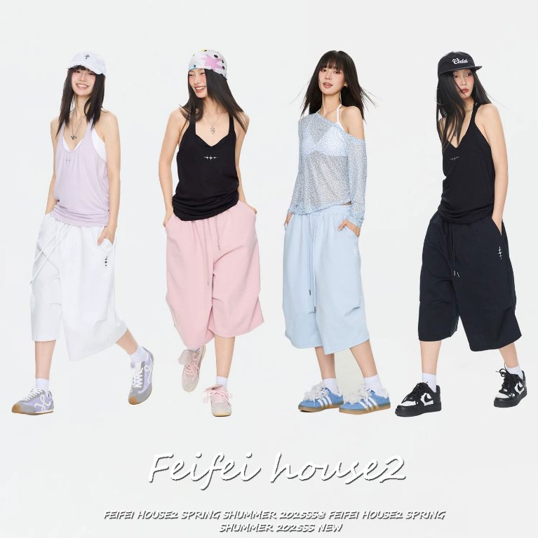 [Feifei-Quick‑dry fabric capri pants]กางเกงเจ็ดส่วนผ้าอบแห้งเร็วฤดูร้อนลายปักสไตล์อเมริกันเชือกดึงเอว