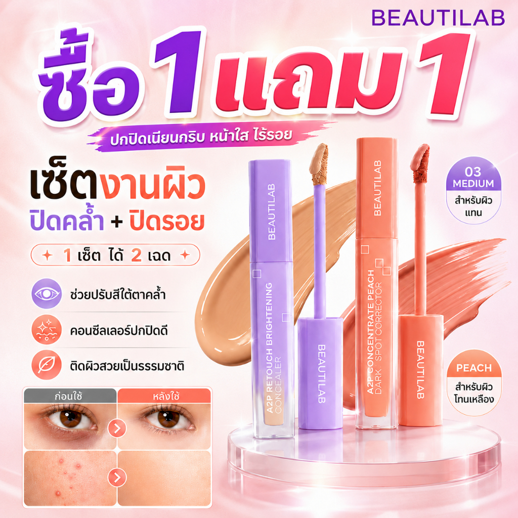 ซื้อ 1 แถม 1 🔥 Beautilab A2P r คอนซีลเลอร์ คอเรคเตอร์สีพีช ปกปิดรอยคล้ำใต้ตา