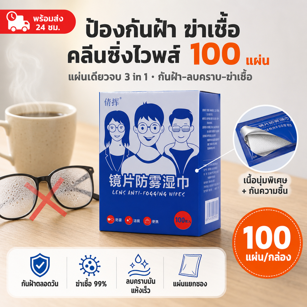 [COD 100แผ่น] แผ่นเช็ดแว่นตา ผ้าเช็ดแว่นกันฝ้า แห้งเร็ว ไม่ทิ้งรอยขีดข่วน Anti Fog 100แผ่น กันฝุ่น