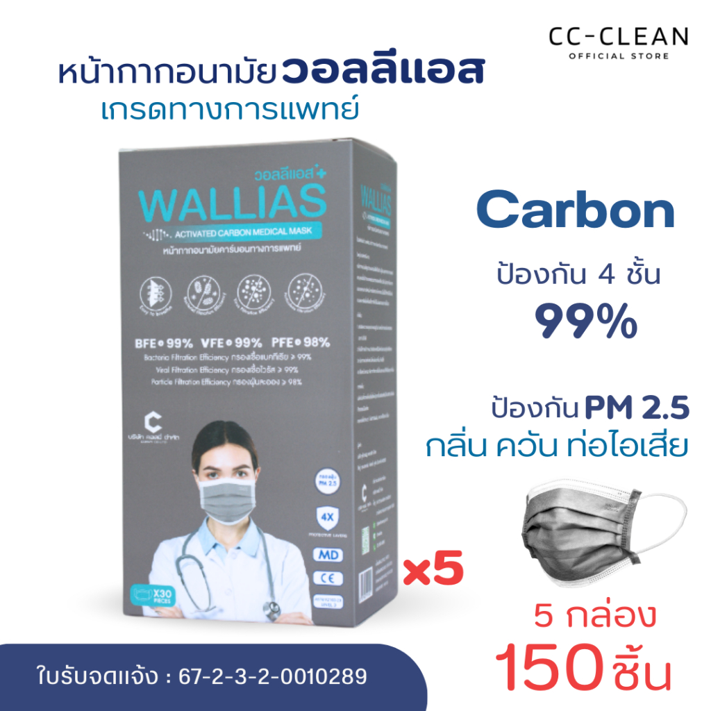 ( แพ็ค 5 กล่อง!) หน้ากากอนามัยคาร์บอน wallias หนา 4 ชั้น ( เซ็ท 30 ชิ้น )Carbon Maskแมสก์คาร์บอนการเเพทย์ กันฝุ่น PM2.5