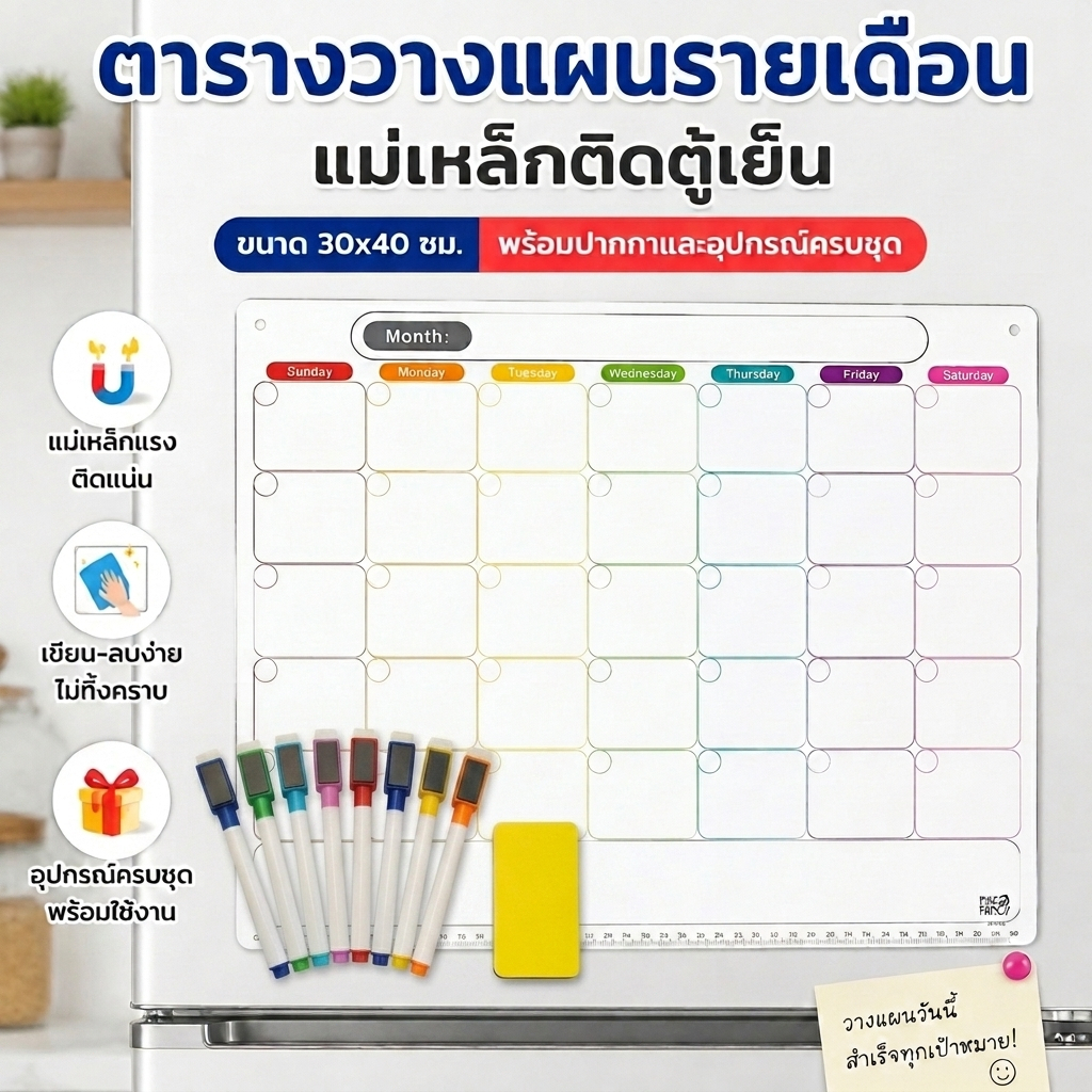 กระดานไวท์บอร์ด แบบแผ่นแม่เหล็ก เหมาะสำหรับติดตู้เย็นหรือตู้เหล็ก แถมปากกาและแปรงลบ