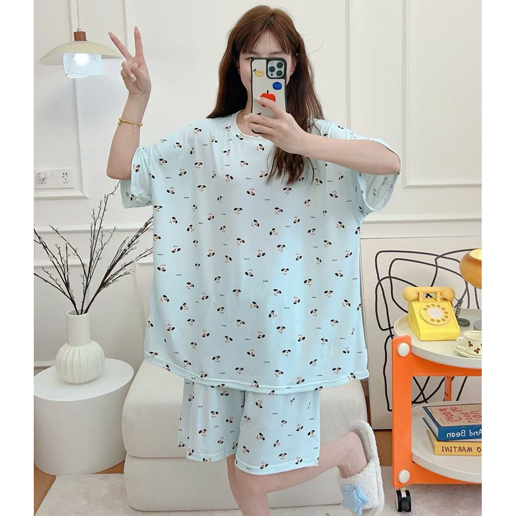 ชุดนอนเสื้อแขนสั้น กางเกงขาสั้น ผ้ายืดไซส์ใหญ่ OVERSIZE รอบอก 54 นิ้ว ผ้ายืดหยุ่นดี ใส่สบาย