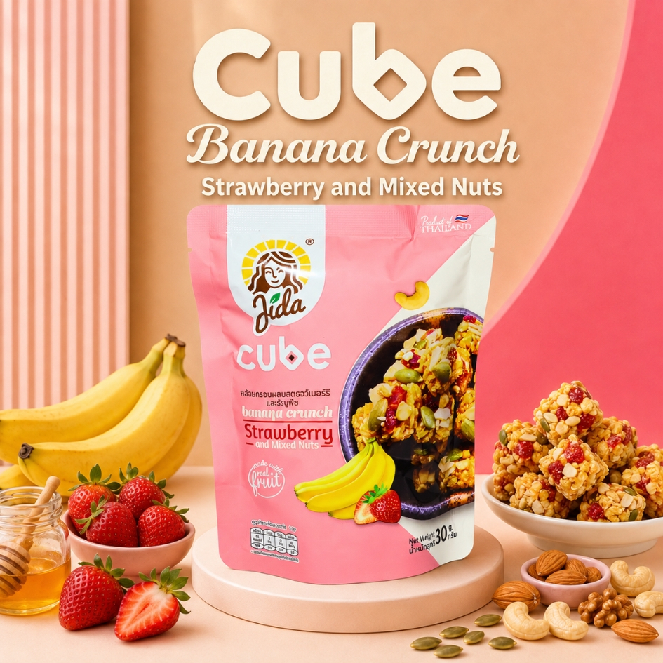 Jida Cube 30 g กล้วยทอดกรอบผสมสตรอว์เบอร์รีและธัญพืช | Banana Crunch Strawberry and Mixed Nuts