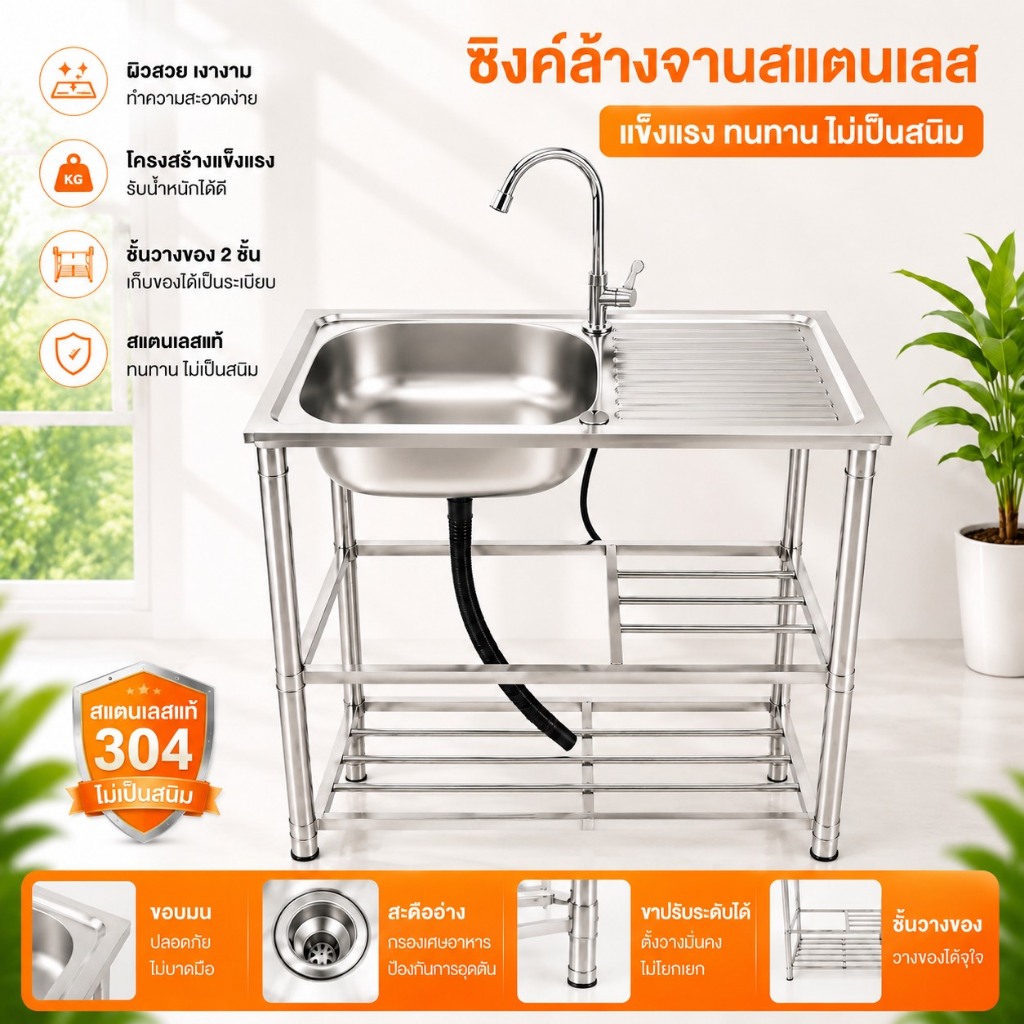 อ่างล้างจานสแตนเลสเป็นที่นิยมมากเพราะแข็งแรง ทนทาน ไม่เป็นสนิม ทำความสะอาดง่าย ปลอดภัยต่อการเตรียมอาหาร