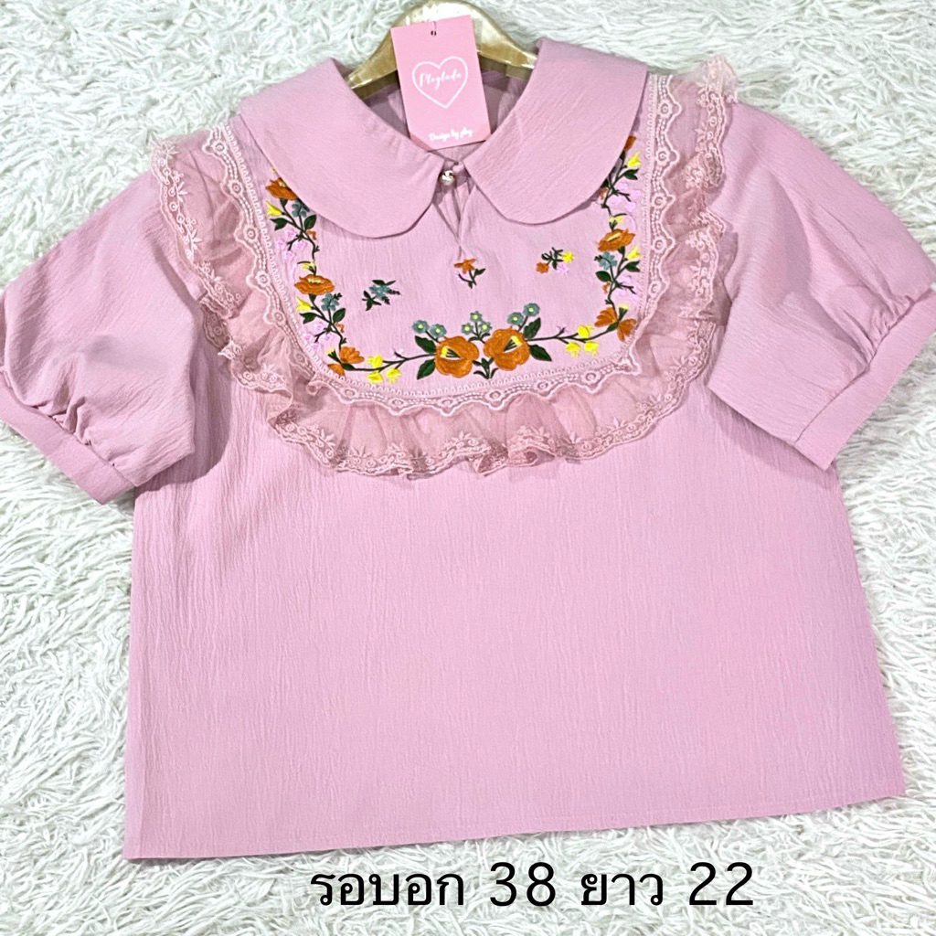 เสื้อคอบัวแขนสั้นระบายผ้าลูกไม้ งานปักดอกไม้ ผ้าคอตตอนเกาหลี