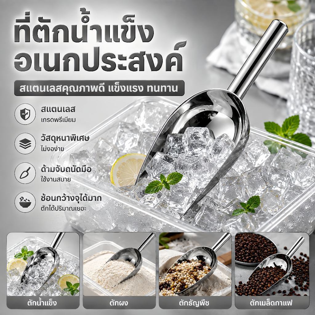 304 สแตนเลส พลั่วน้ำแข็ง พลั่วละลายน้ำแข็ง เครื่องมือครัว แคนดี้บุฟเฟ่ต์ อุปกรณ์บาร์ ที่ตักแป้ง พลั่วข้าว เครื่องขูดน้ำแ