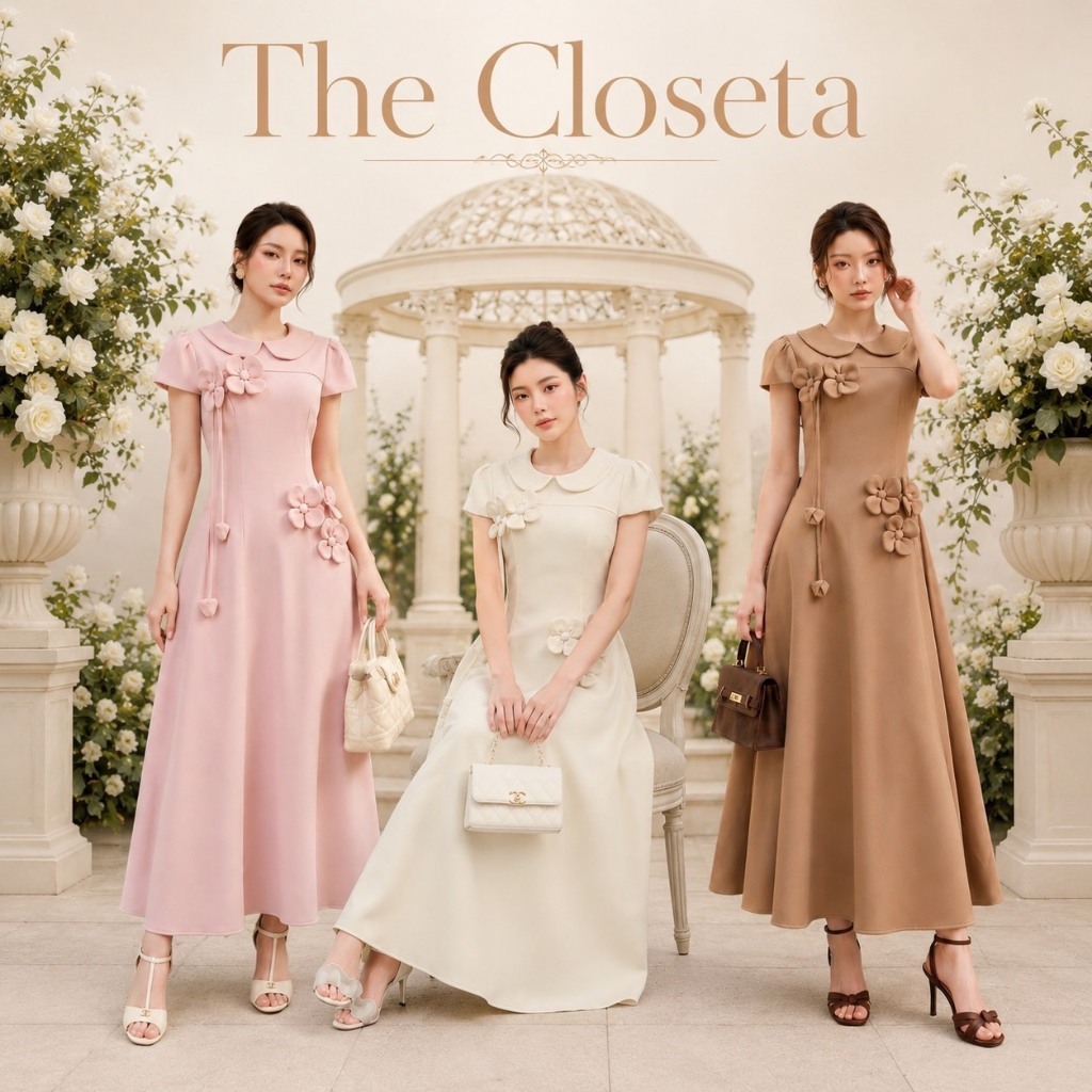 THE CLOSETA : LB665 ชุดเดรสกระโปรงบาน คอบัวแขนสั้น แต่งดอกไม้3D