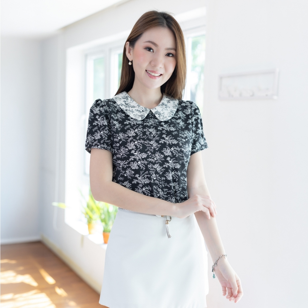 Narinari : MT0101 Peter Pan Collar Blouse ลายดอกไม้