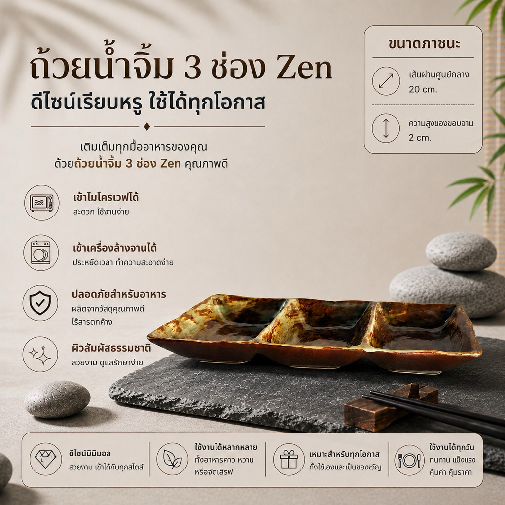 ถ้วยน้ำจิ้ม 3 ช่อง Zen