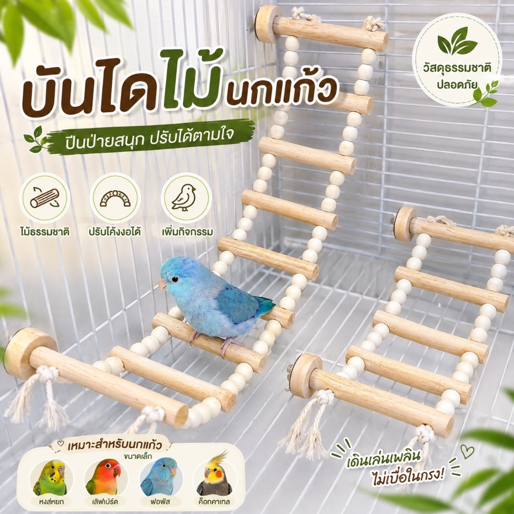บันไดไม้นกแก้ว แบบยืดหยุ่น ของเล่นปีนป่าย ติดกรงนก