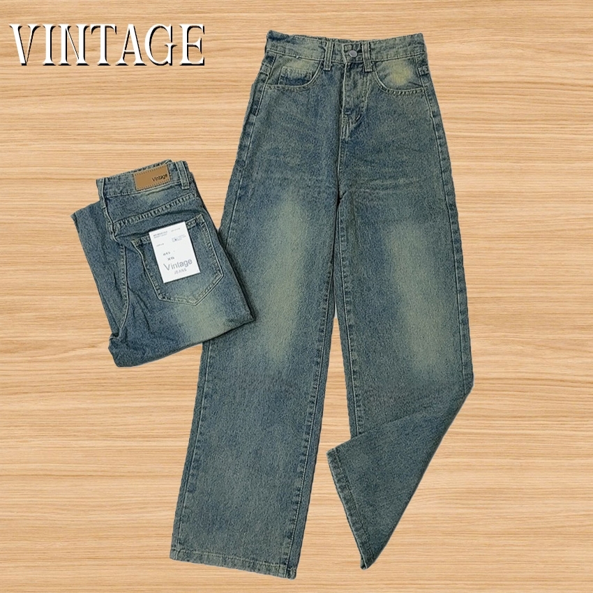 Vintage รุ่น 6213 กางเกงยีนส์ สนิม แต่งเฟดเข้ม ทรงกระบอก แต่งเฟดขา ทรงสวยผ้าไม่ยืด