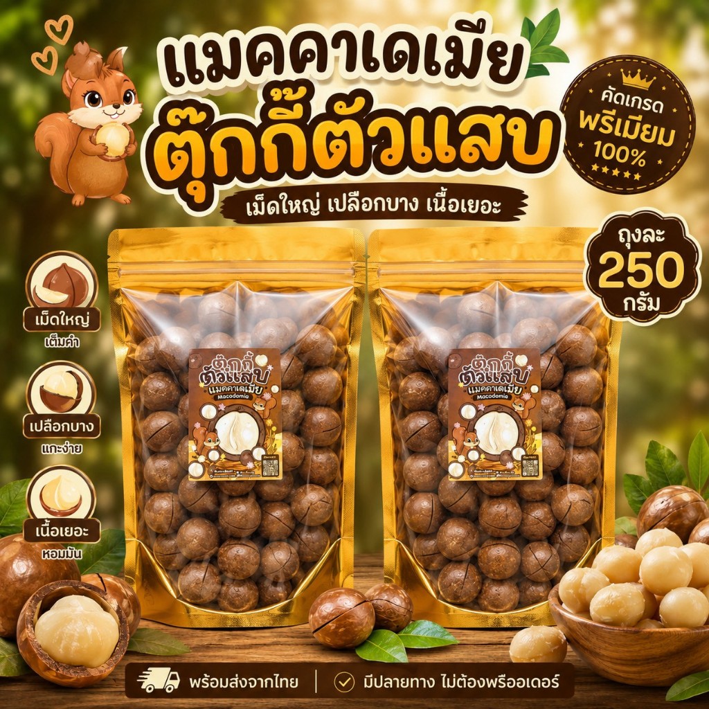 (ลดโหด) 1แถม1 ถุงละ250g. ได้2ถุง แมคคาเดเมีย ตุ๊กกี้ตัวแสบ