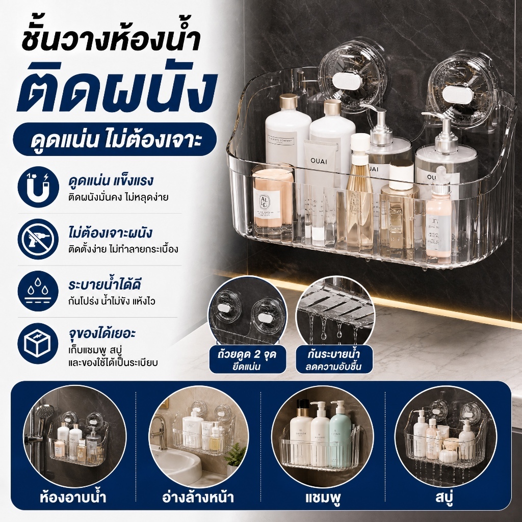 ชั้นวางของติดผนังดูดสูญญากาศ ติดตั้งง่าย ไม่ต้องเจาะ