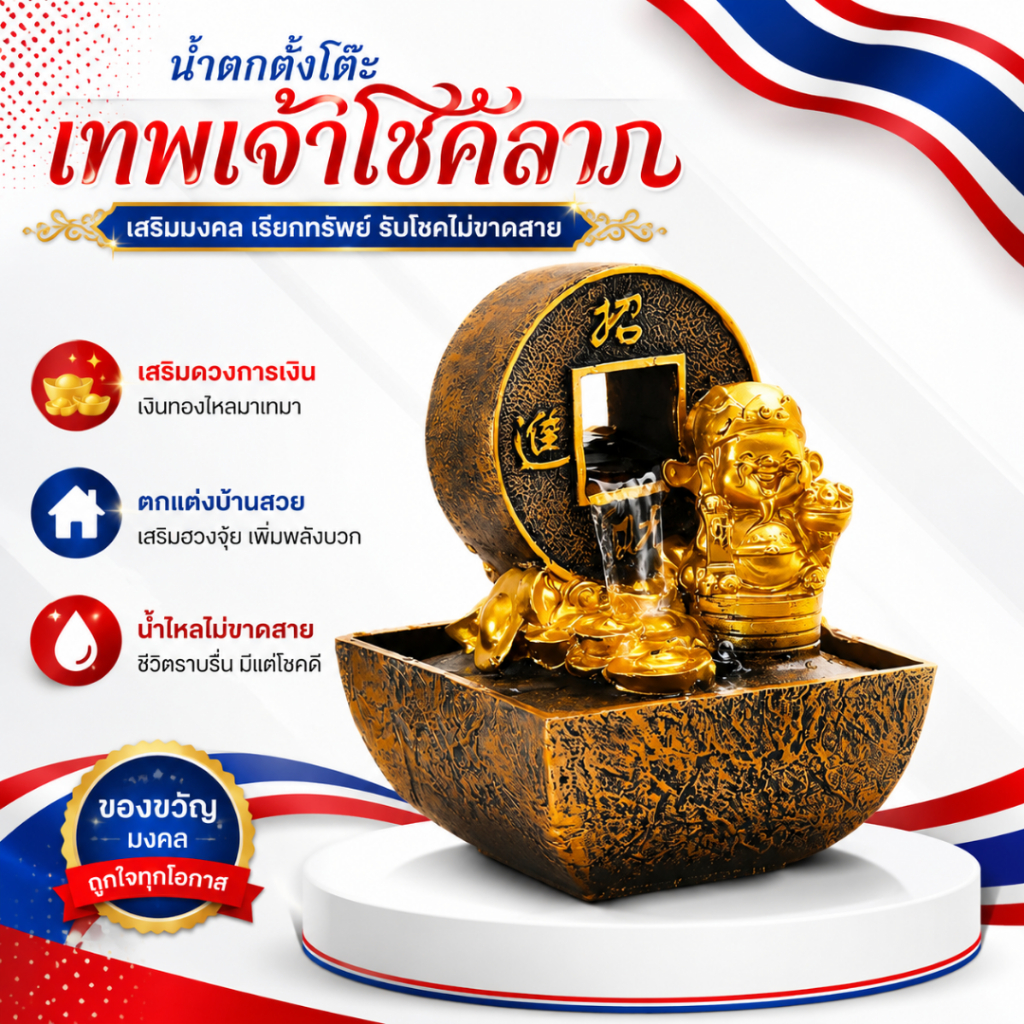 น้ำตกตั้งโต๊ะ เทพเจ้าไฉ่ซิงเอี๊ยะ เสริมฮวงจุ้ย เงินทองไหลมาเทมา น้ำตกจำลอง น้ำพุจำลองเงินทองเพิ่มพูน