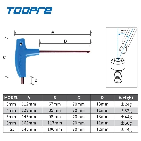 TOOPRE T-Handle Hex Key ประแจหกเหลี่ยม H3 H4 H5 H6 / Torx T25 หัวบอล เหล็ก S2 — صورة 3
