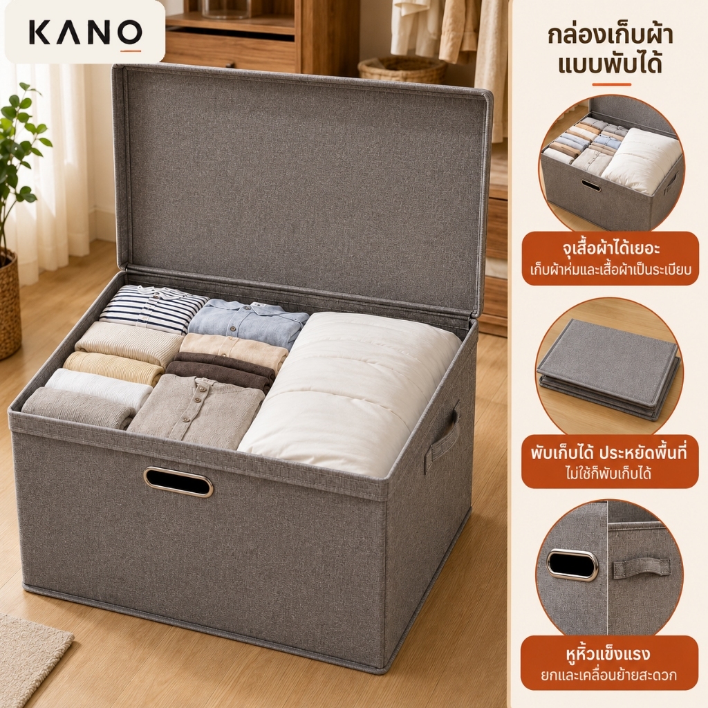 KANO กล่องเก็บของพับได้ กล่องเก็บของเก็บเสื้อผ้า กล่องใส่ผ้า 120L วัสดุผ้า ซักได้ แบบมีโครงเหล็ก