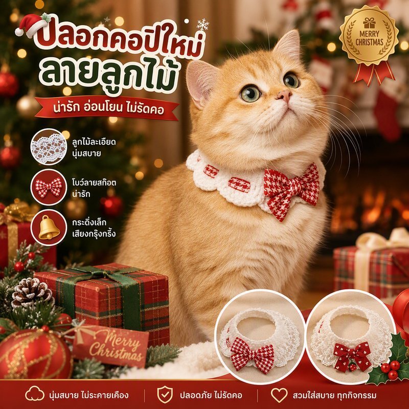 ผ้าพันคอแมว ปลอกคอสัตว์เลี้ยง ผูกโบว์ ลูกไม้ เอี๊ยมแมว ผ้ากันเปื้อนแมว ชุดปีใหม่แมว สุนัข