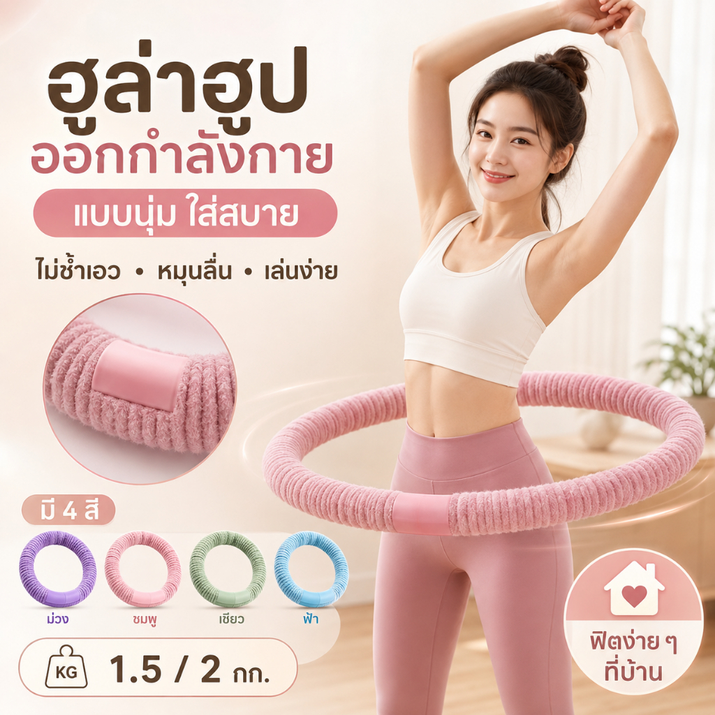 ฮูล่าฮูปสปริงนุ่ม 1.5kg 2kg 2.5kg หุ้มผ้ากำมะหยี่ นุ่มสบาย ลดแรงกระแทกเอว เสียงเบา ยืดหยุ่นสูง พับเก็บง่าย สำหรับบริหารเ